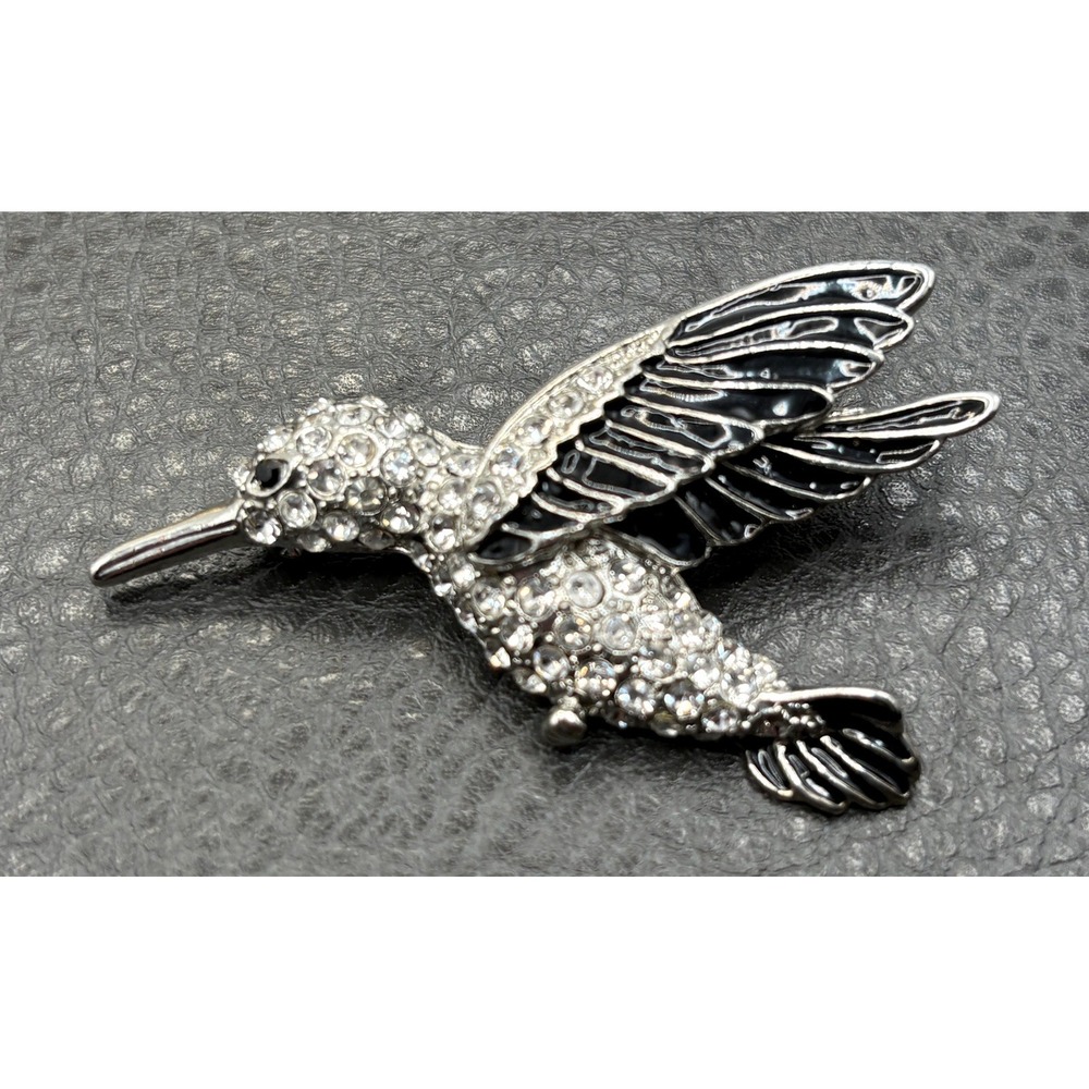 Robert Morris Silver Tone Hummingbird Brooch Crystal Rhinestone Black Enamel Pin